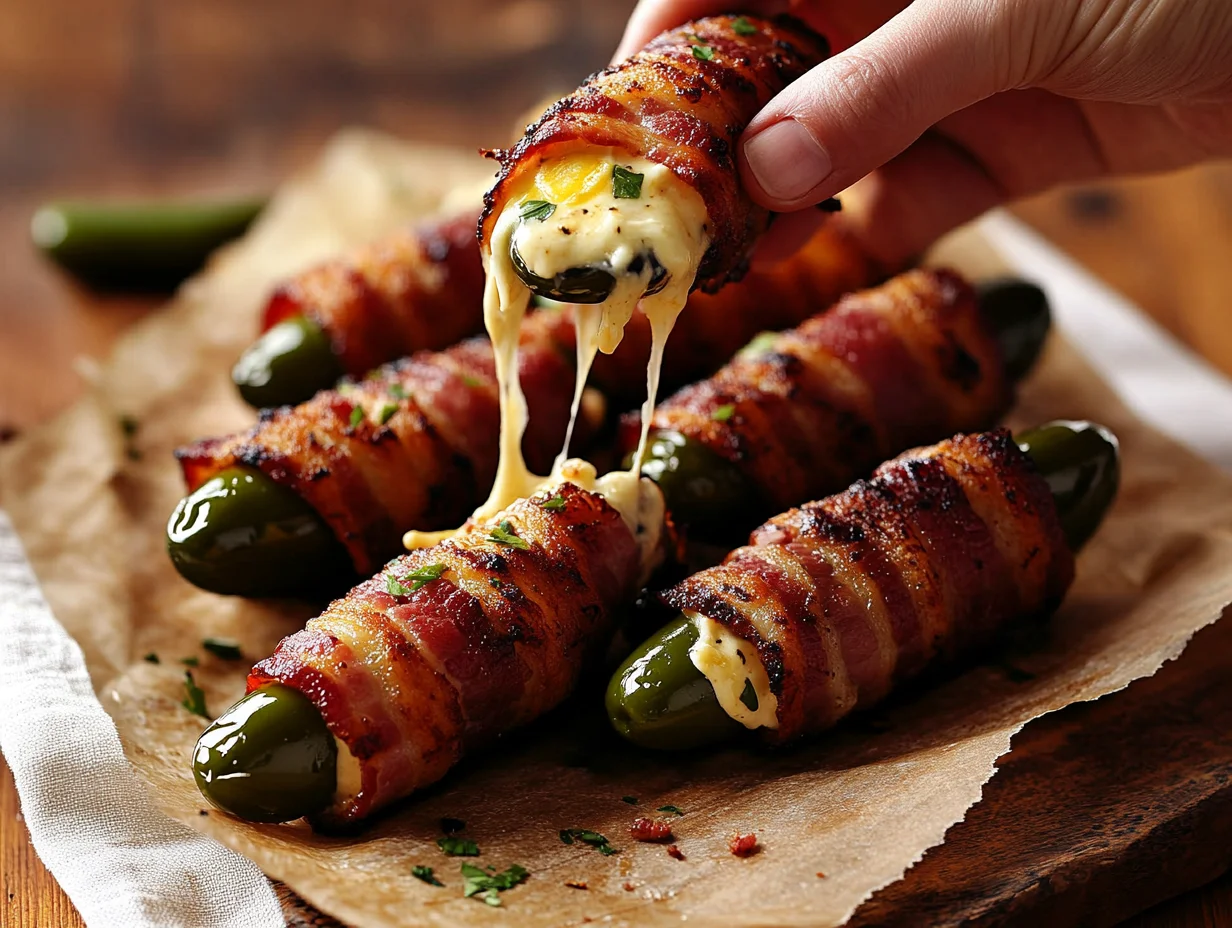 Bacon Wrapped Jalapeno Poppers served on a platter, crispy bacon and creamy filling visible