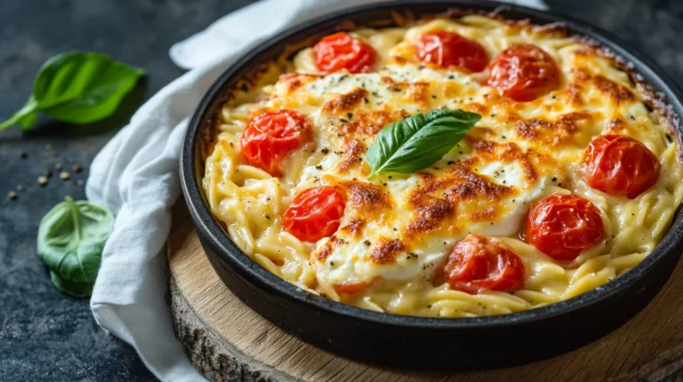 Creamy baked feta and tomato orzo in white ceramic baking dish with golden melted cheese and roasted cherry tomatoes