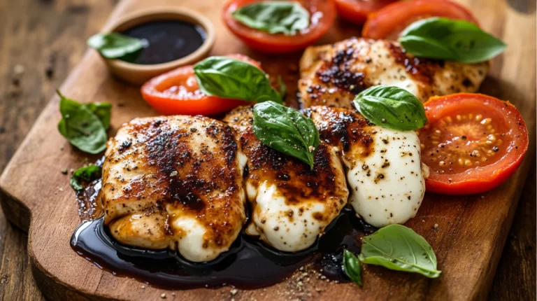 Balsamic Caprese Chicken with melted mozzarella, fresh basil, and cherry tomatoes on a white plate
