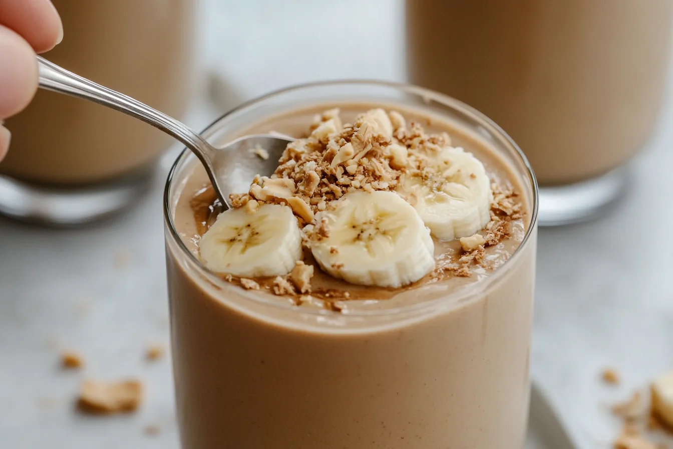 Creamy banana peanut butter coffee smoothie in tall glass with swirled texture and golden brown color