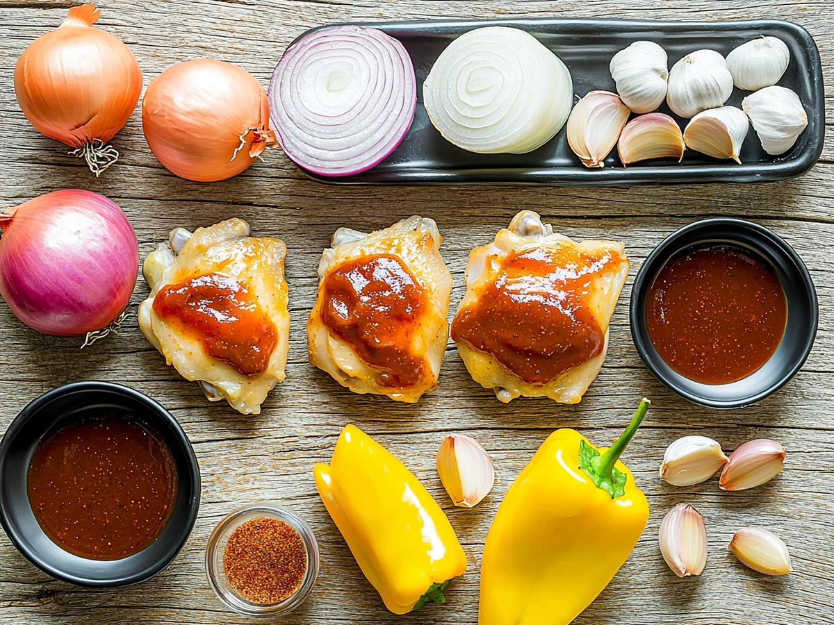 Fresh raw chicken thighs, BBQ sauce, onions, bell peppers and seasonings arranged for BBQ chicken skillet recipe