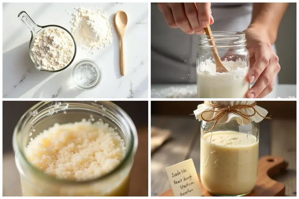Beginner Sourdough Starter preparation steps collage