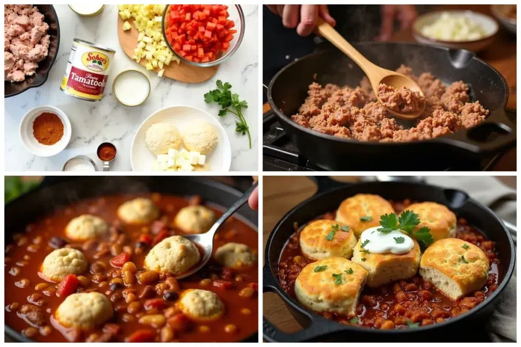 Biscuit-Topped Skillet Turkey Chili preparation steps collage