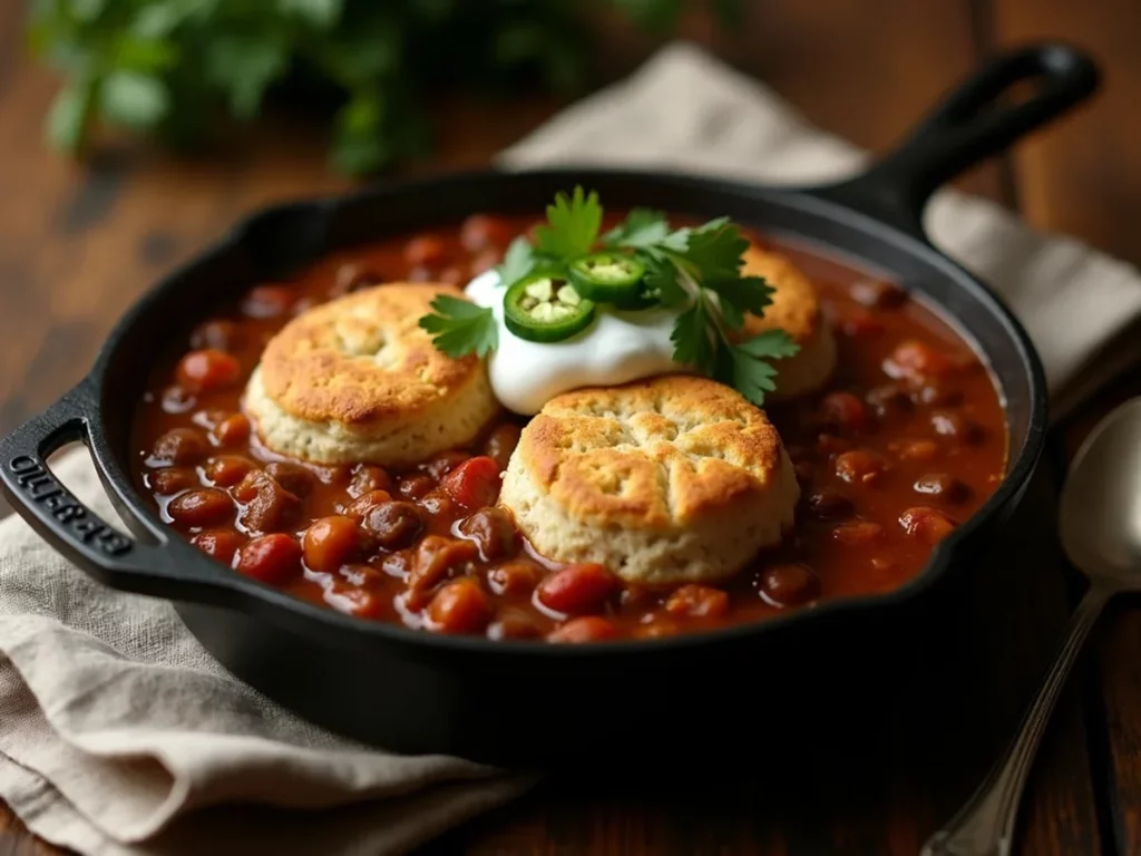 Biscuit-Topped Skillet Turkey Chili served on a plate