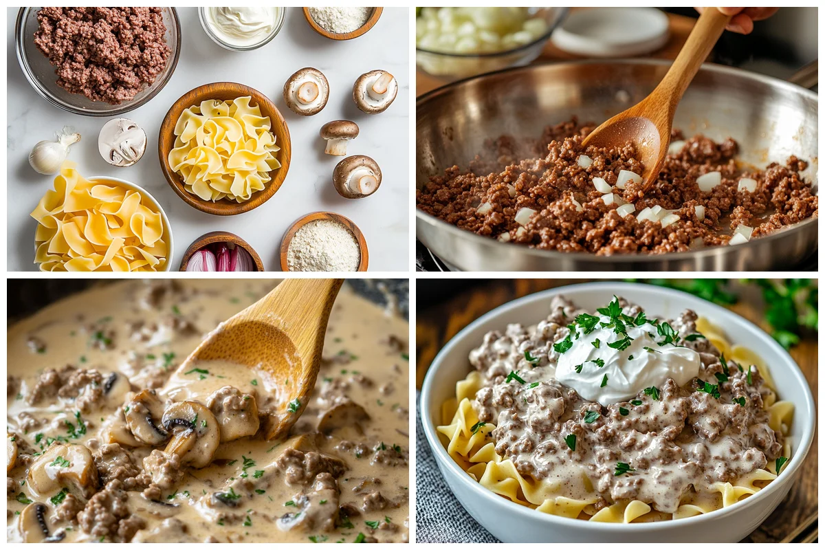 browning ground beef with onions for 30-Minute Ground Beef Stroganoff in a skillet