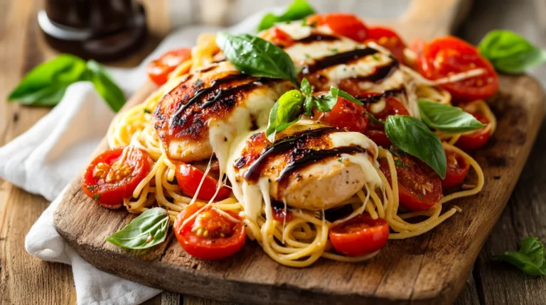 Bruschetta Chicken Pasta with vibrant tomatoes, fresh basil, and grilled chicken on a white plate