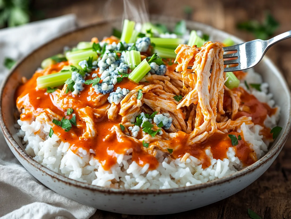 Buffalo Chicken Rice Bowls topped with scallions and drizzled with ranch dressing