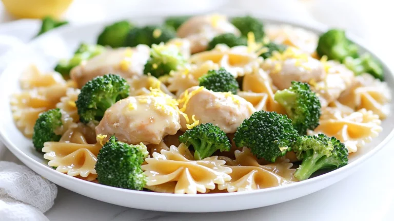Butter lemon bowtie chicken with broccoli served in white bowl with golden pasta and vibrant green vegetables