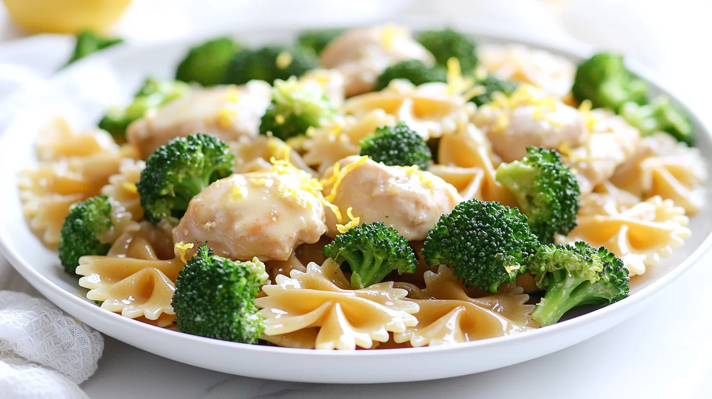 Butter lemon bowtie chicken with broccoli served in white bowl with golden pasta and vibrant green vegetables