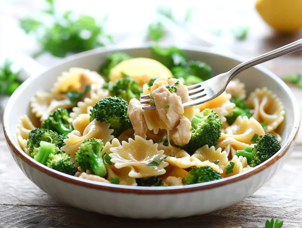 Butter Lemon Bowtie Chicken with Broccoli on a white plate, garnished with lemon zest