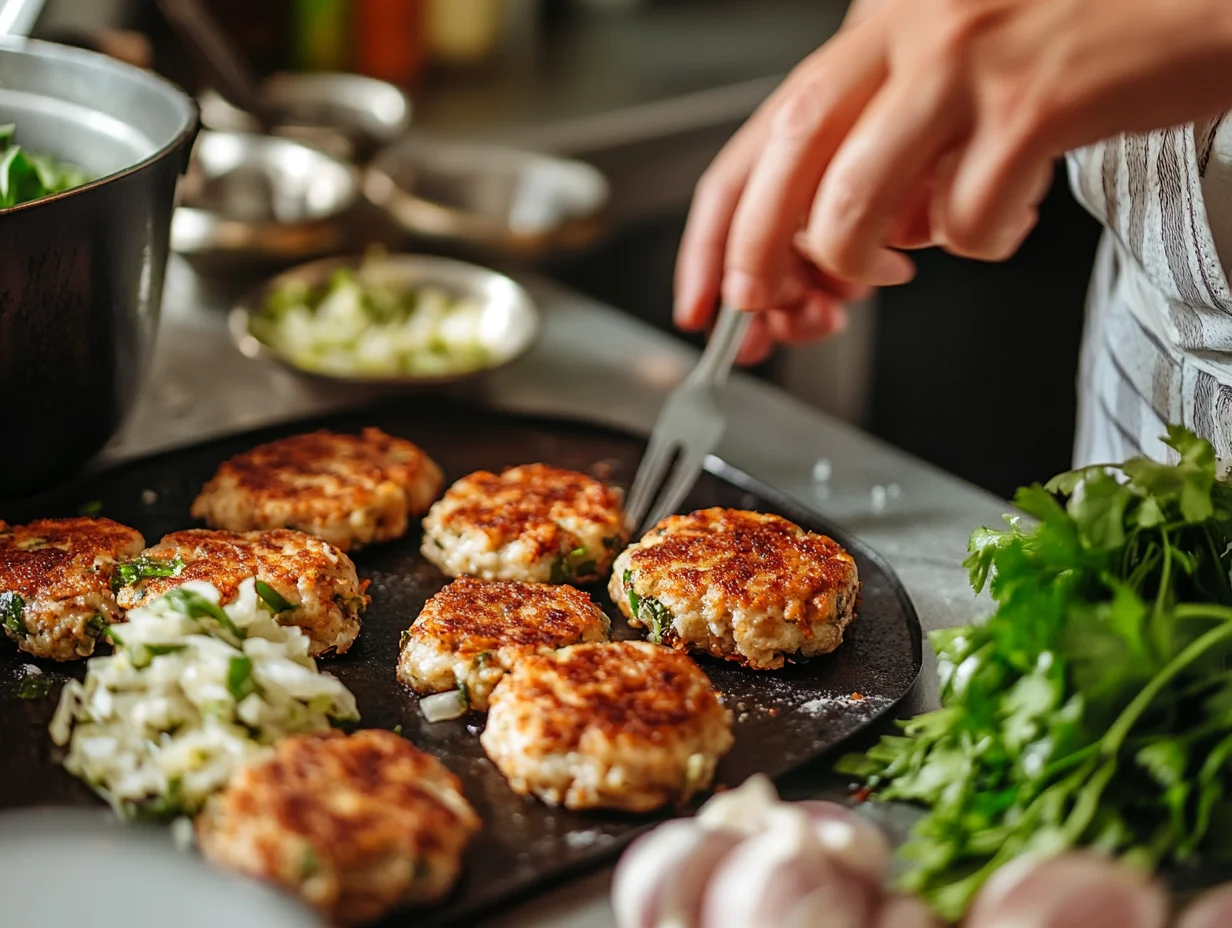 shallow frying golden brown cabbage patties in a skillet, showcasing crispy edges and tender interior