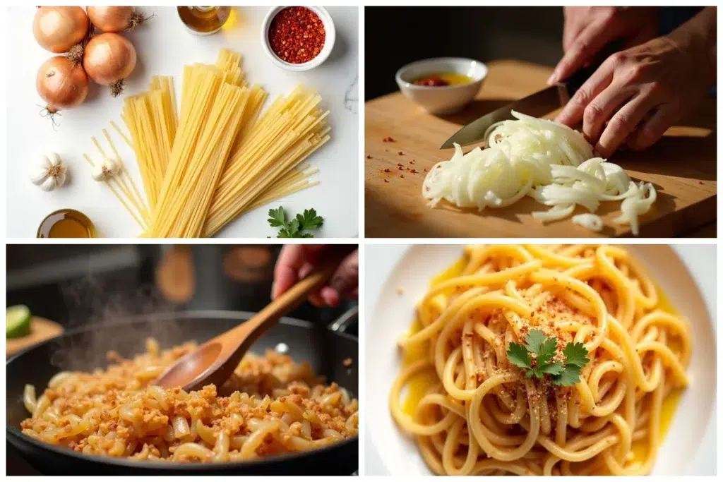 Caramelized Onion Pasta with Chilli Oil preparation steps collage