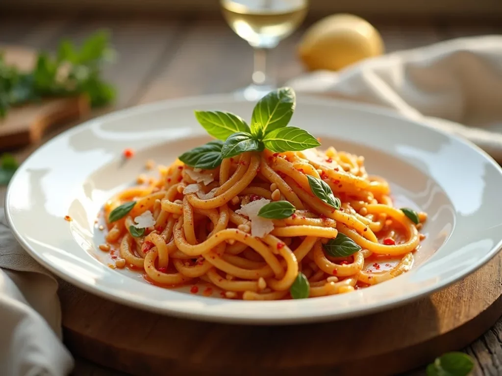 Caramelized Onion Pasta with Chilli Oil served on a plate