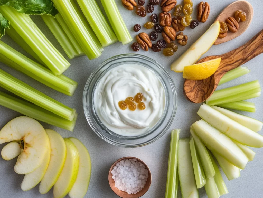 fresh green celery stalks and crisp red apple slices arranged for celery apple salad