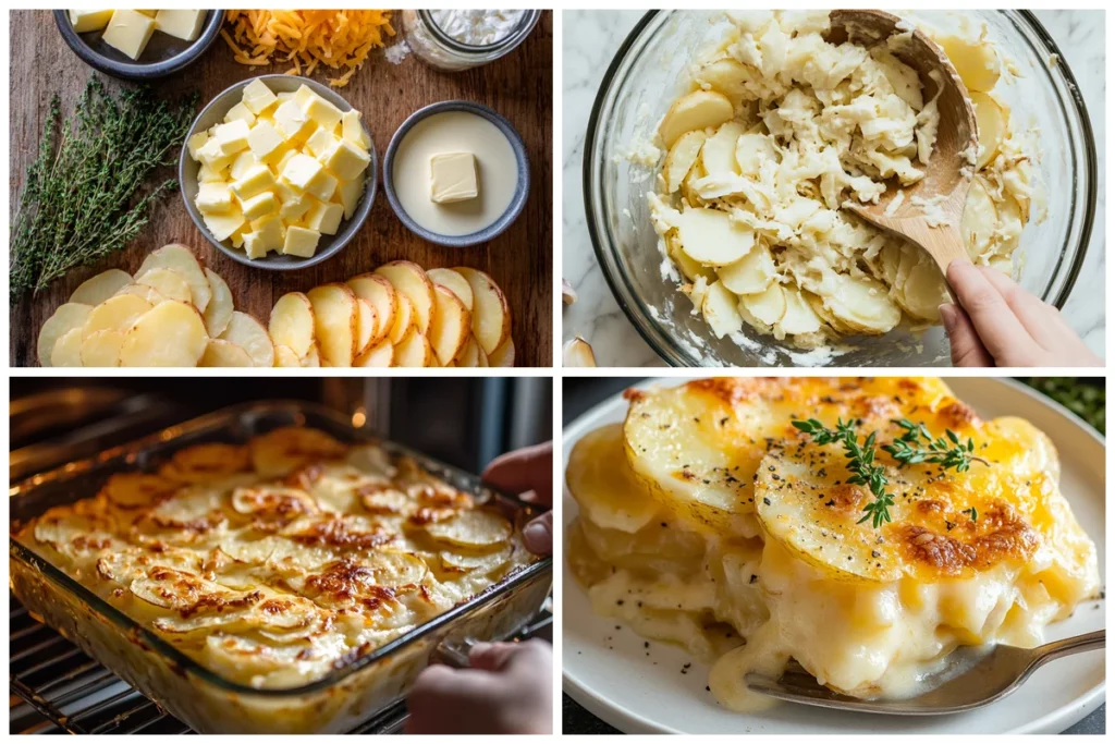 layers of thinly sliced potatoes with melted cheese and creamy sauce in a baking dish for cheesy scalloped potatoes