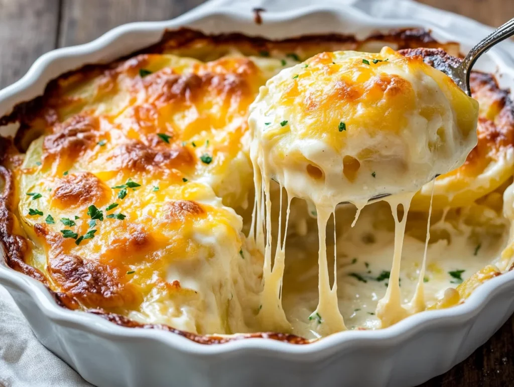 A delicious serving of cheesy scalloped potatoes with golden, bubbly cheese and tender potato slices