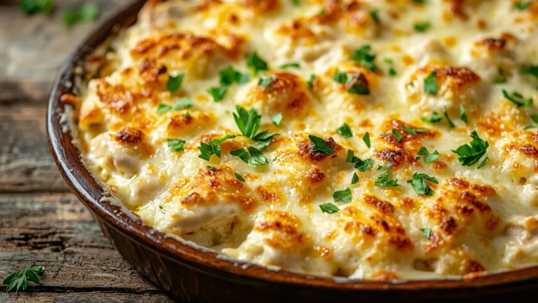 Creamy Chicken Alfredo Bake with golden cheese topping in white casserole dish with fresh parsley garnish