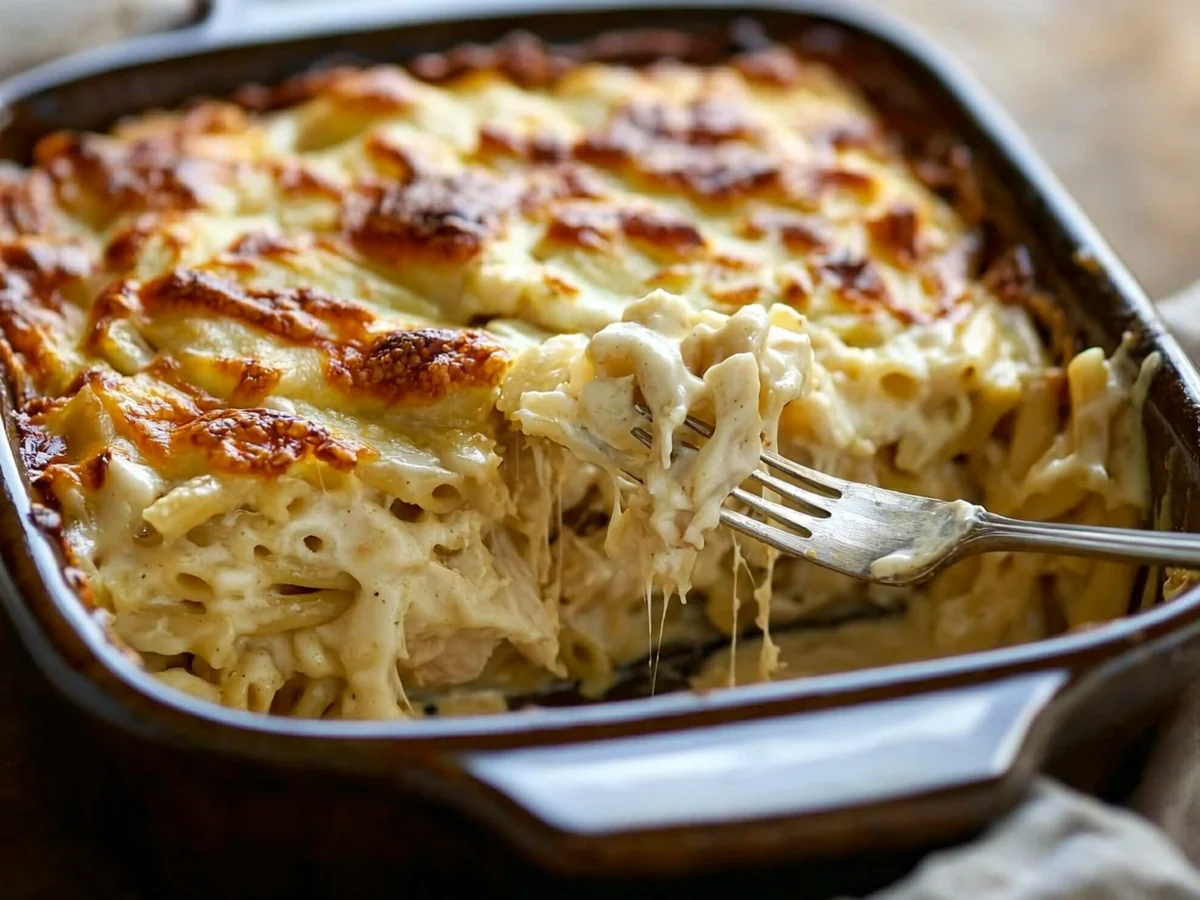 Creamy chicken alfredo bake with tender pasta, melted cheese, and golden-brown top served in white casserole dish