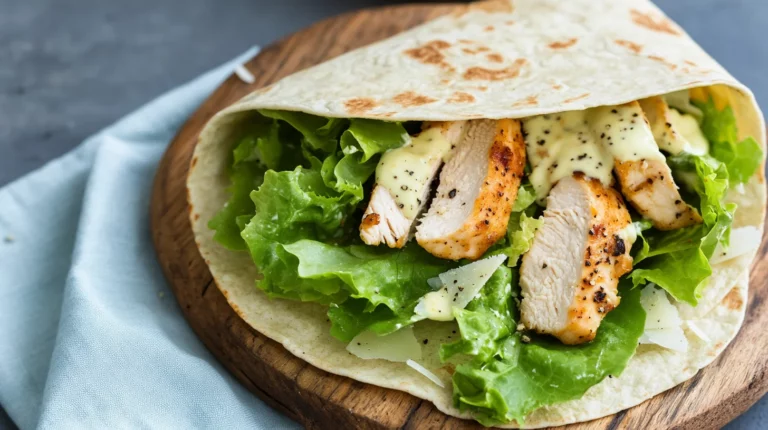 Chicken Caesar wraps with grilled chicken, crisp romaine lettuce, and parmesan cheese wrapped in flour tortillas