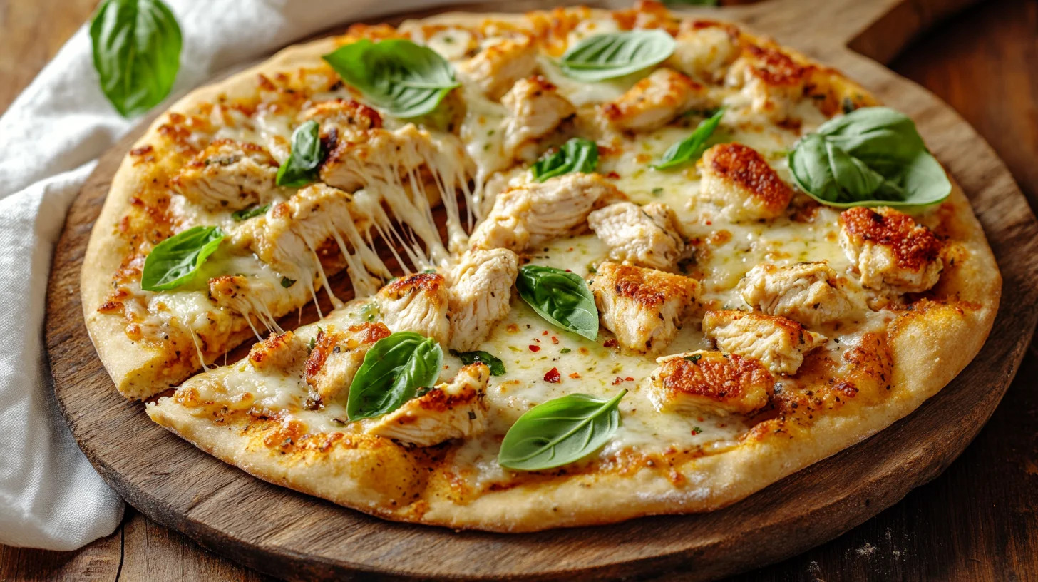 Golden-brown chicken flatbread pizza topped with melted cheese, fresh veggies, and herbs