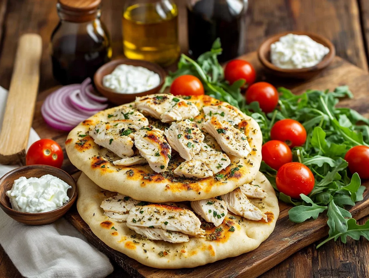 freshly sliced chicken breast ready for Chicken Flatbread Pizza, placed on a cutting board