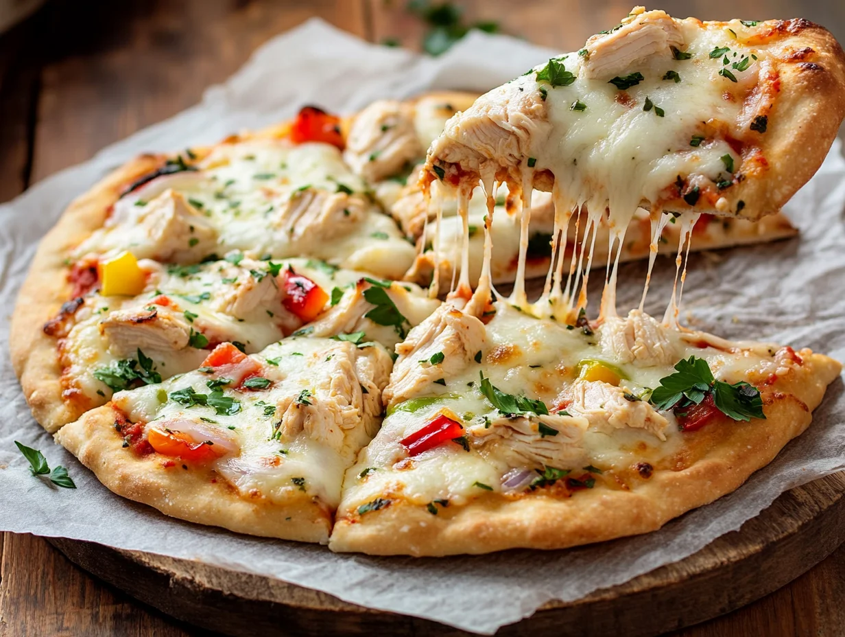 Golden chicken flatbread pizza topped with fresh basil and melted cheese on a wooden board