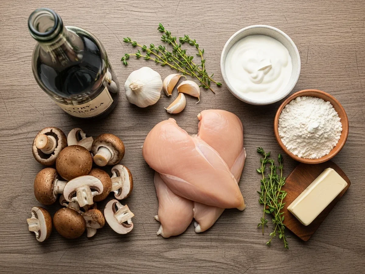 Fresh chicken breasts, cremini mushrooms, and marsala wine ingredients for homemade chicken marsala recipe
