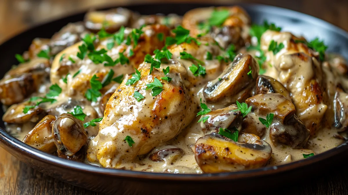 Creamy chicken stroganoff served over egg noodles with fresh parsley garnish