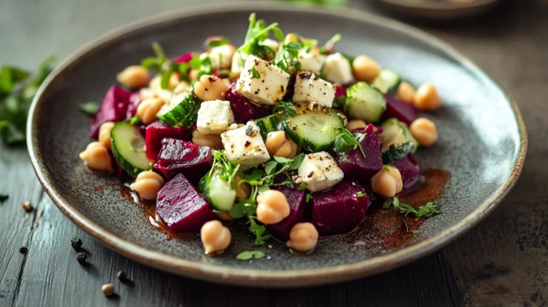 colorful Chickpea Beet and Feta & Cucumber Salad with vibrant greens and creamy cheese
