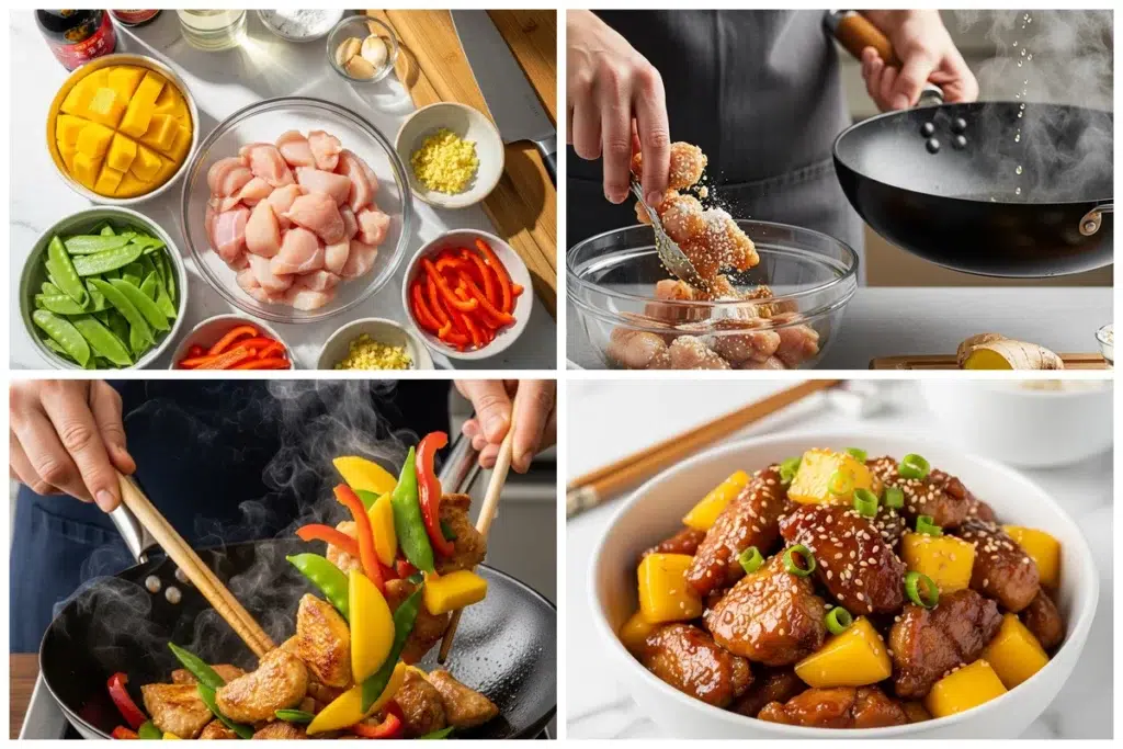 Chinese Style Mango Chicken Stir Fry preparation steps collage