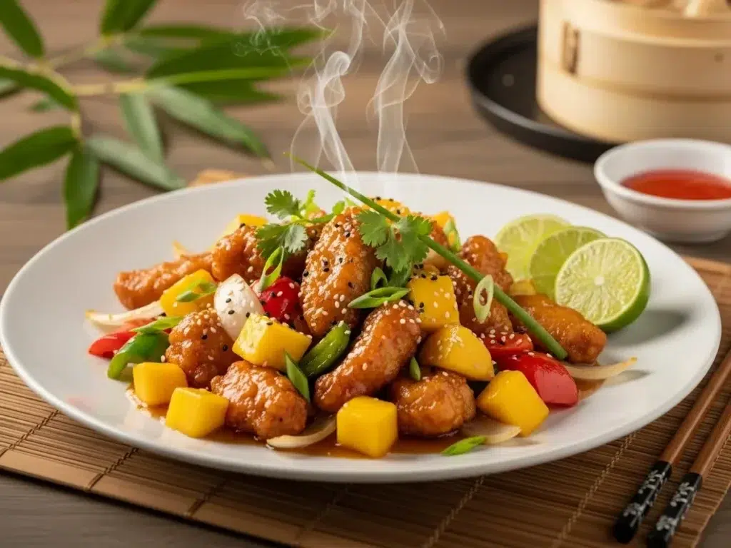 Chinese Style Mango Chicken Stir Fry served on a plate
