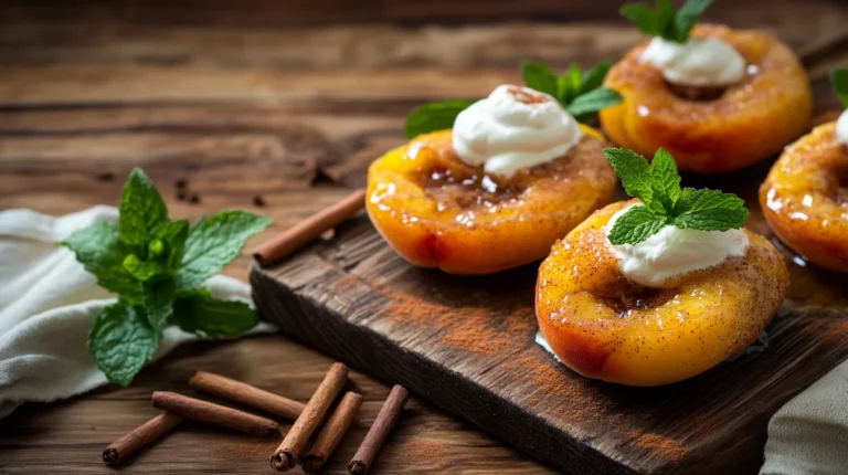 Golden baked peach halves topped with cinnamon sugar and melted butter in white ceramic baking dish