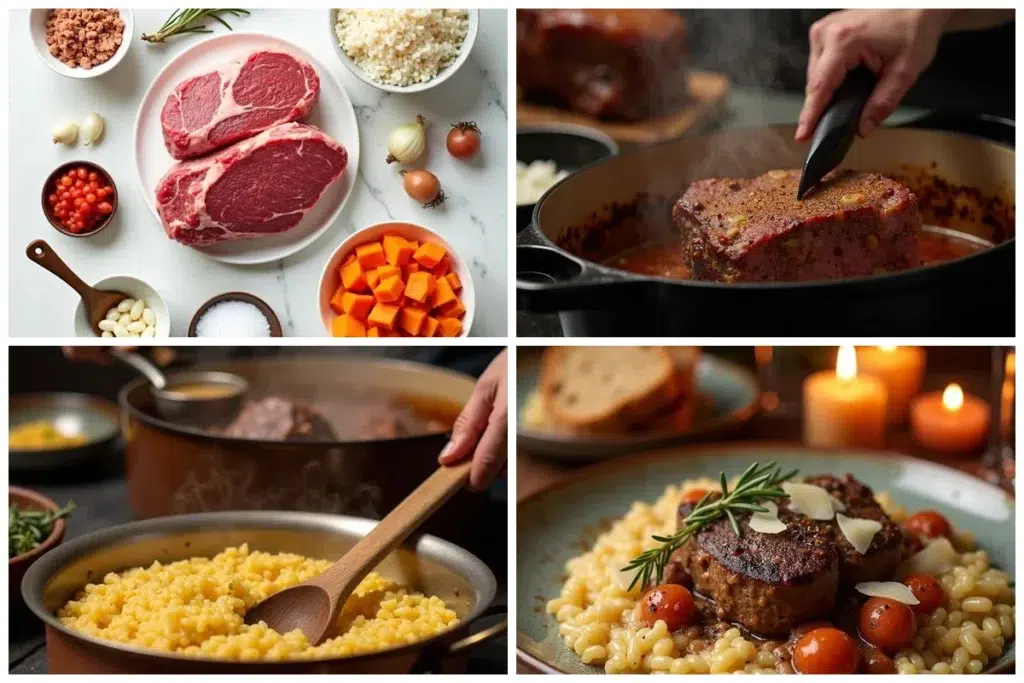 Cozy Italian‑Inspired Pot Roast and Risotto Dinner preparation steps collage