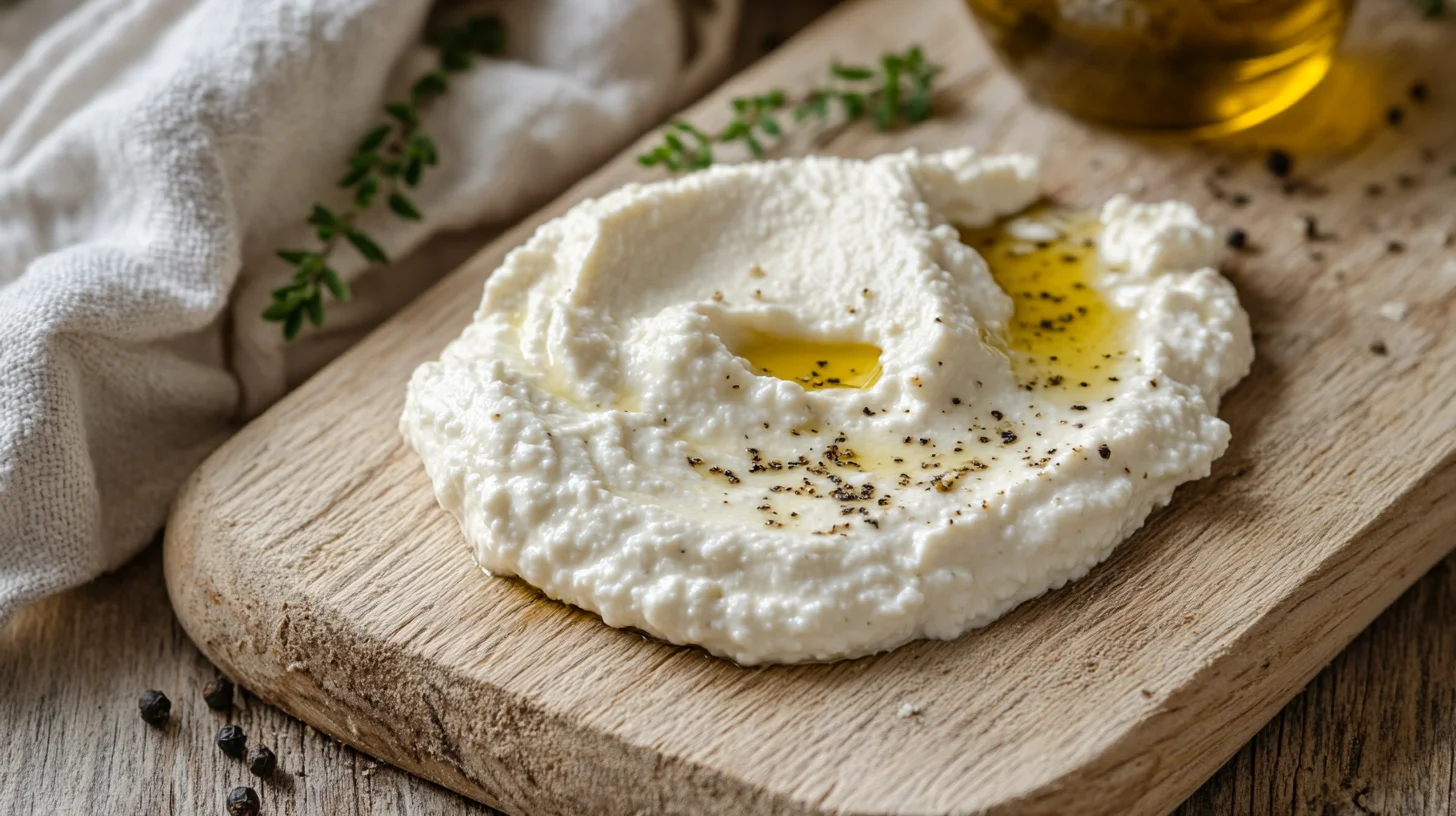 creamy cashew ricotta cheese garnished with fresh basil leaves and a drizzle of olive oil