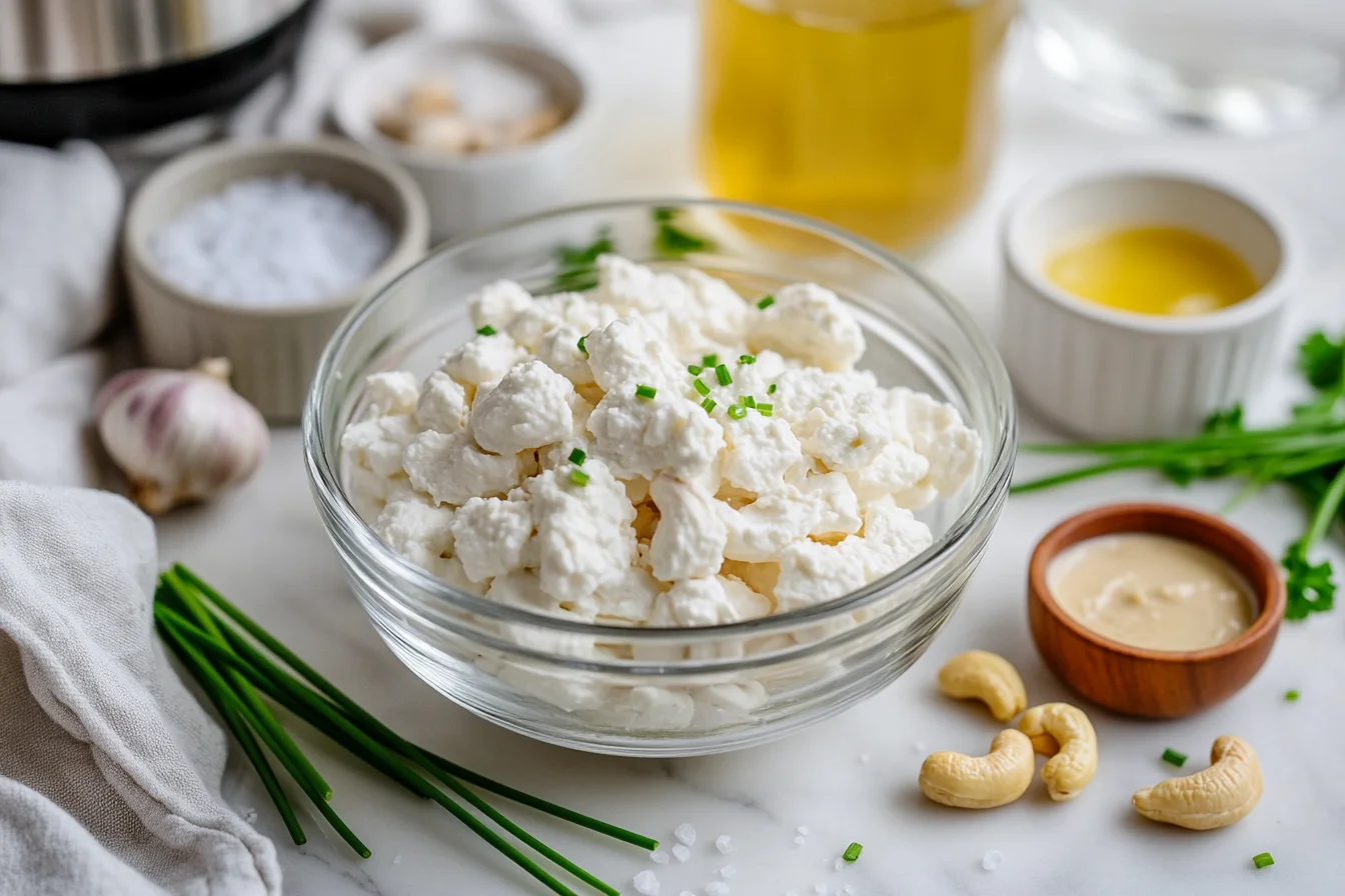 creamy cashew ricotta cheese with smooth texture in a white bowl