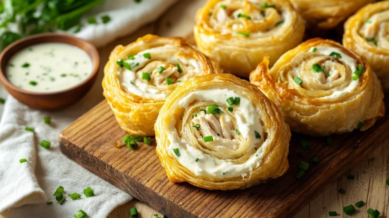 Creamy crack chicken pinwheels arranged on white plate showing golden tortilla spirals filled with cheesy chicken mixture