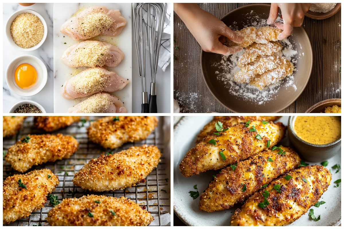 Raw chicken strips coated in golden breadcrumb mixture on parchment-lined baking sheet ready for oven