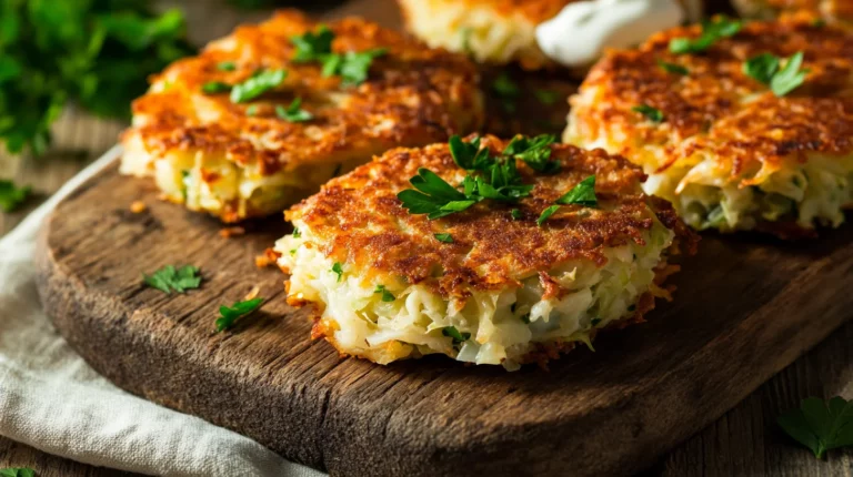 Golden brown crispy cabbage patties on white plate with fresh herbs and lemon wedge garnish