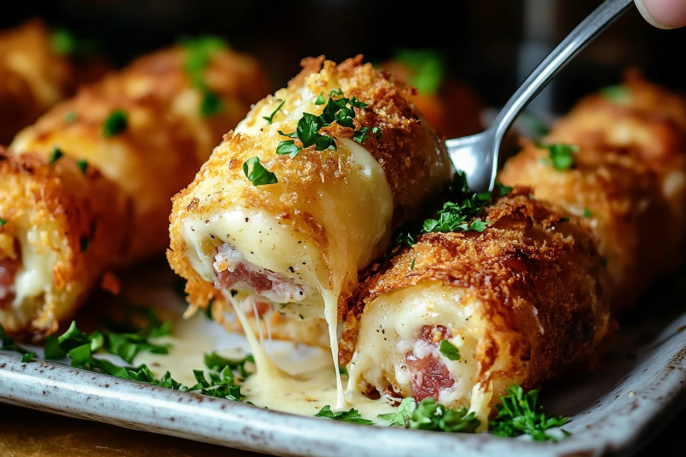 Golden crispy Reuben roll-ups on white plate with melted Swiss cheese oozing out and thousand island dipping sauce