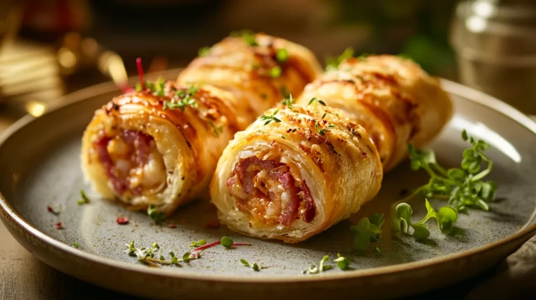 Golden crispy Reuben roll-ups on white plate showing flaky pastry wrapped around corned beef and melted cheese