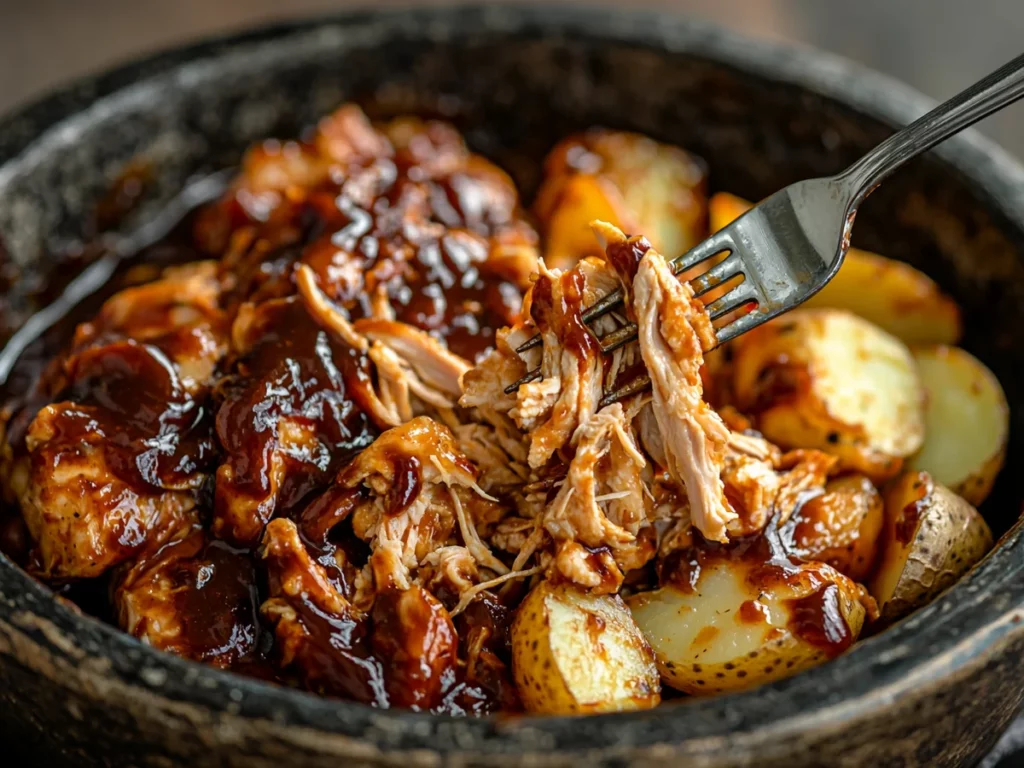 Crockpot BBQ Chicken and Potatoes served on white plate with tender chicken pieces and golden roasted potatoes