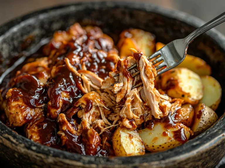 Crockpot BBQ Chicken and Potatoes served on white plate with tender chicken pieces and golden roasted potatoes