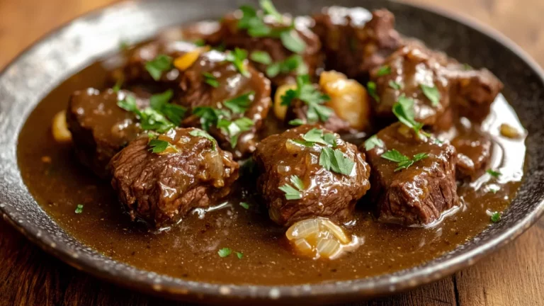 Tender crockpot beef tips in rich brown gravy served over creamy mashed potatoes in white bowl