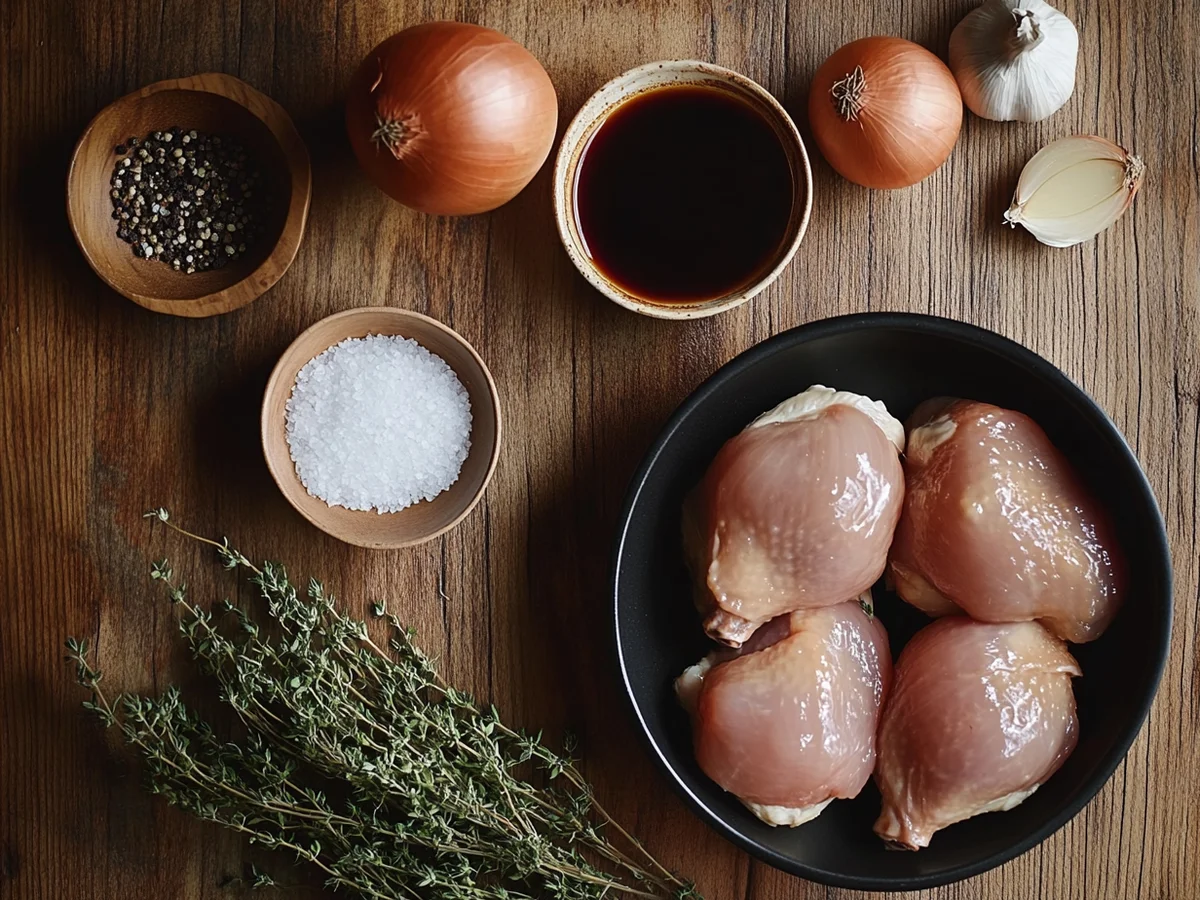 Raw chicken breasts, sliced yellow onions, beef broth and French onion soup mix for crockpot French onion chicken