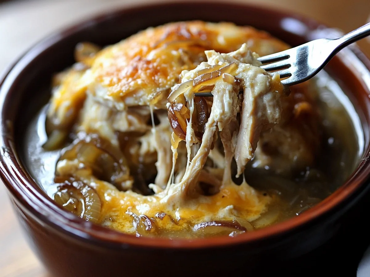 Crockpot French Onion Chicken served in a bowl with melted cheese and caramelized onions