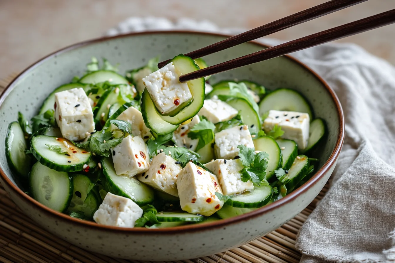 Vibrant Cucumber Salad with Tofu garnished with sesame seeds and fresh herbs