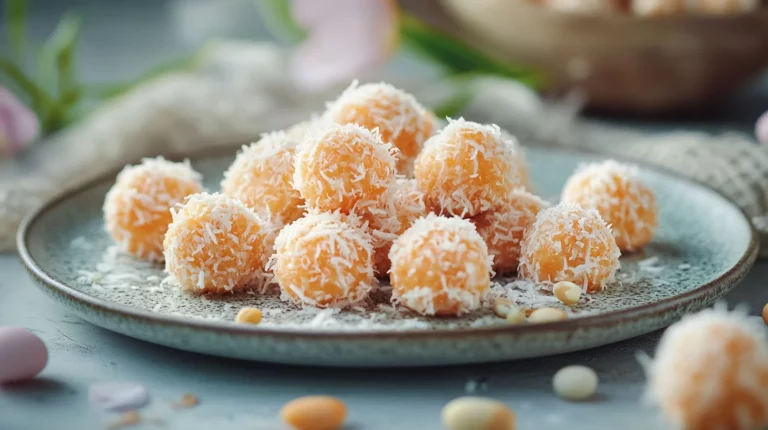 Easter Bunny Coconut Tails arranged on white plate showing fluffy white coconut coating and pink candy centers