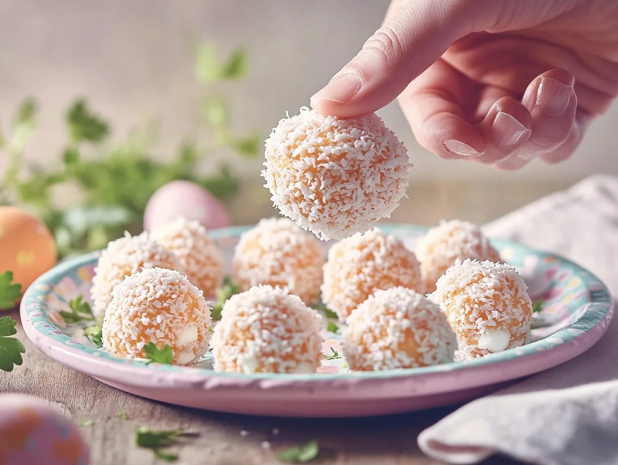 adorable Easter Bunny Coconut Tails arranged on a pastel platter with shredded coconut coating