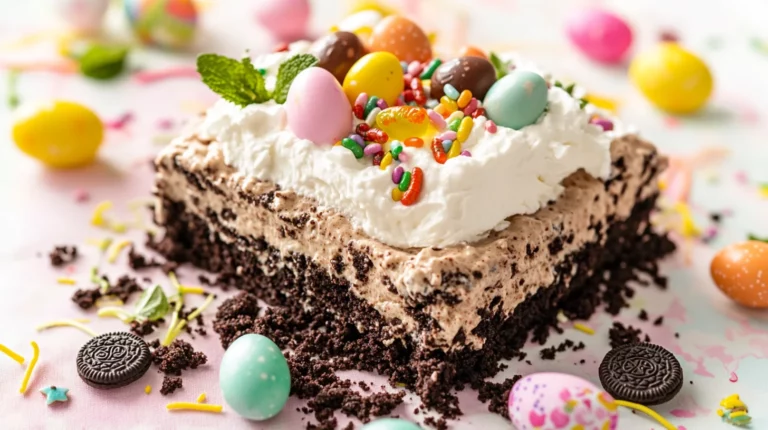 Easter Dirt Cake Casserole with chocolate crumb layers, vanilla pudding, and colorful spring candy decorations