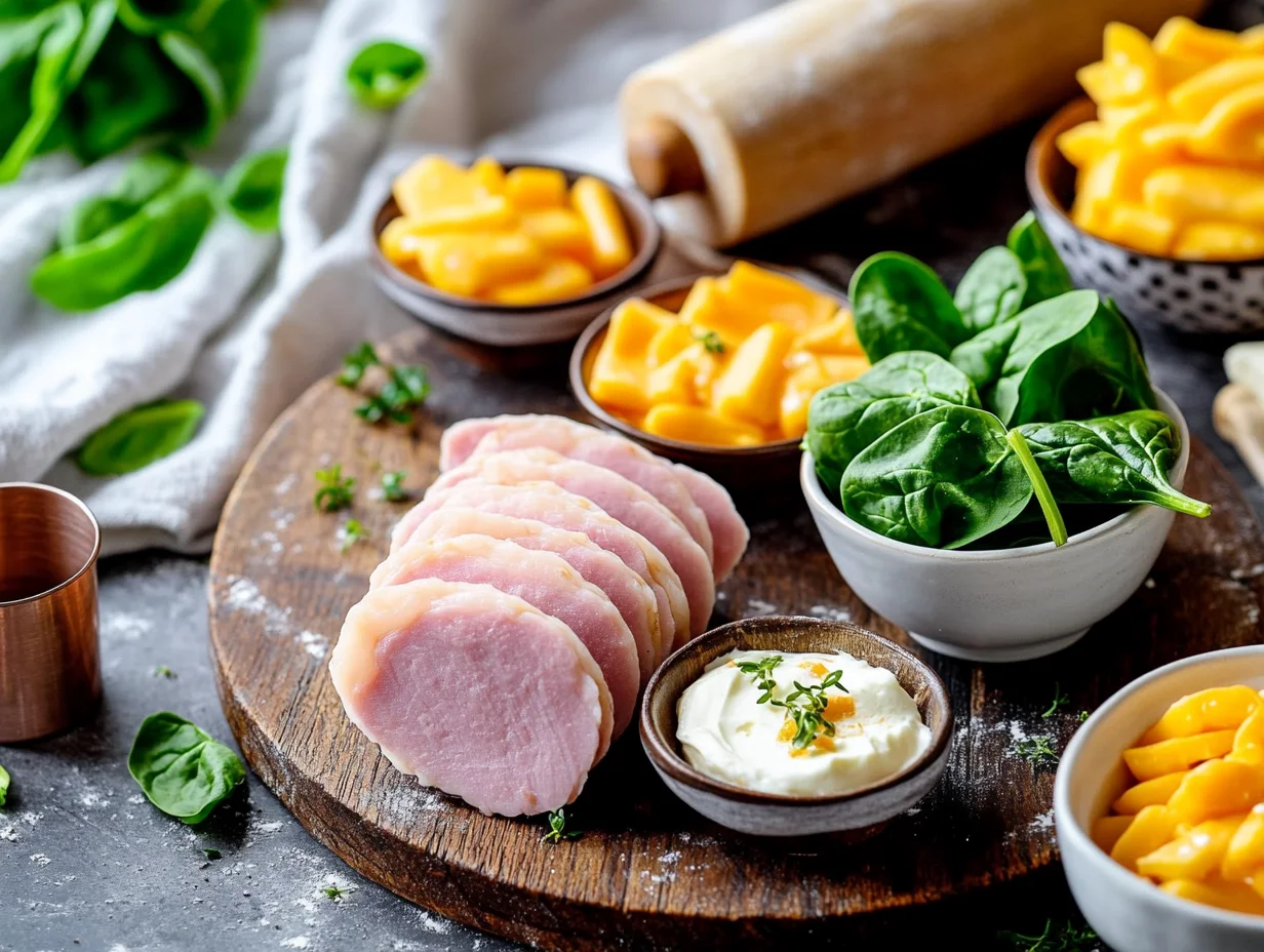 Fresh ham slices and shredded cheddar cheese arranged for making Easter Ham and Cheddar Pinwheels